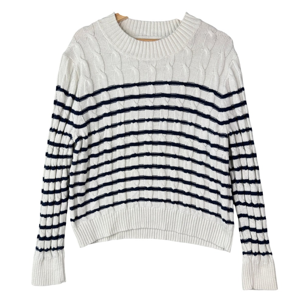 J.Crew Re-Imagined Cable-Knit Striped Sweater XL White Navy Blue BO332 SP23